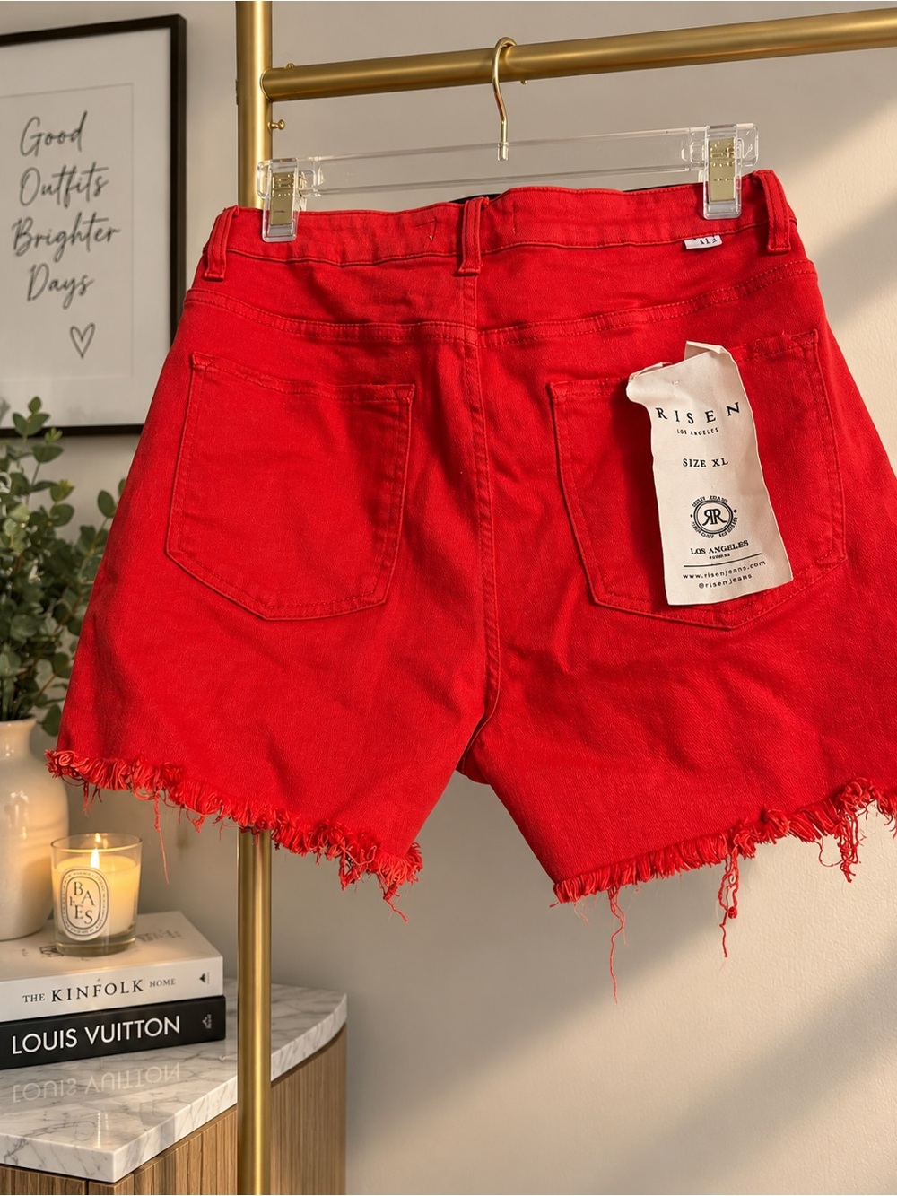 Risen Los Angeles Red Frayed Hem Denim Shorts